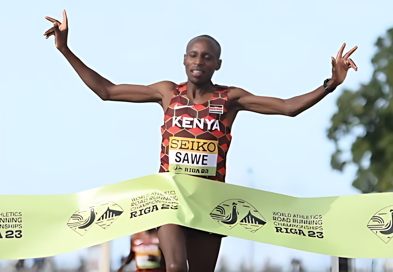 Kenya’s Sebastian Sawe wins the men’s Half Marathon at the 2023 Riga World Road Running Championships. Photo: World Athletics.